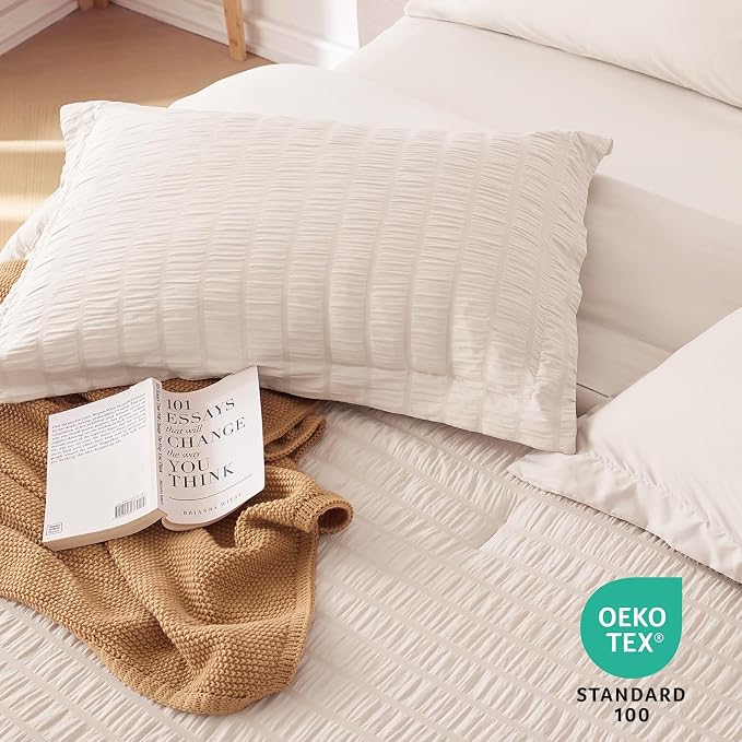 MUXHOMO 7 Pieces Queen Comforter Set, Seersucker Bed in a Bag Queen Size - Image 9