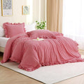 Silnuo Red/White Checkered Ruffle 3-Piece Duvet Cover Set Queen Size, Washed by Silnuo