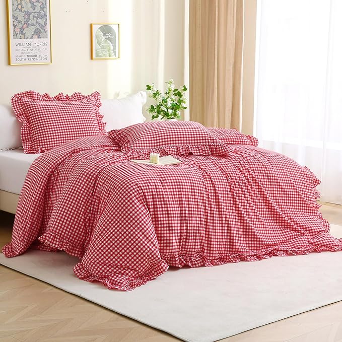 Silnuo Red/White Checkered Ruffle 3-Piece Duvet Cover Set Queen Size, Washed by Silnuo