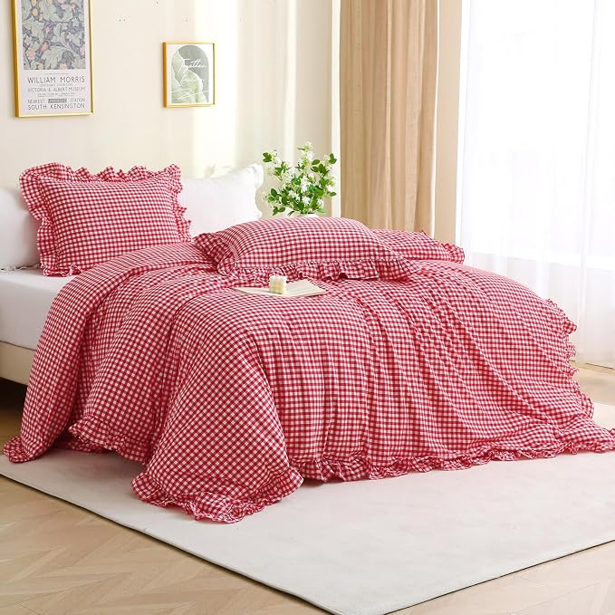 Silnuo Red/White Checkered Ruffle 3-Piece Duvet Cover Set King Size, Washed by Silnuo