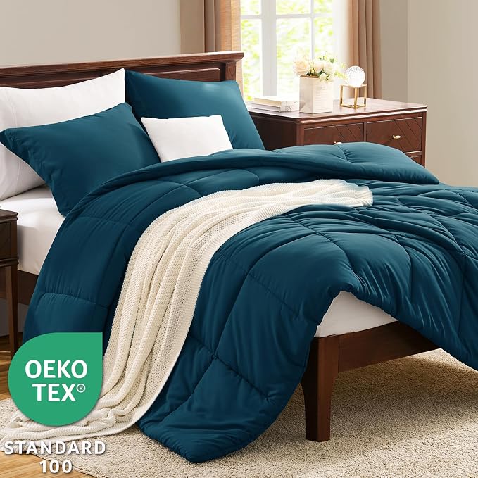 CozyLux Oversized Queen Comforter Set, 3 Pieces Lyons Blue 98x98 Box Stitched - Image 3
