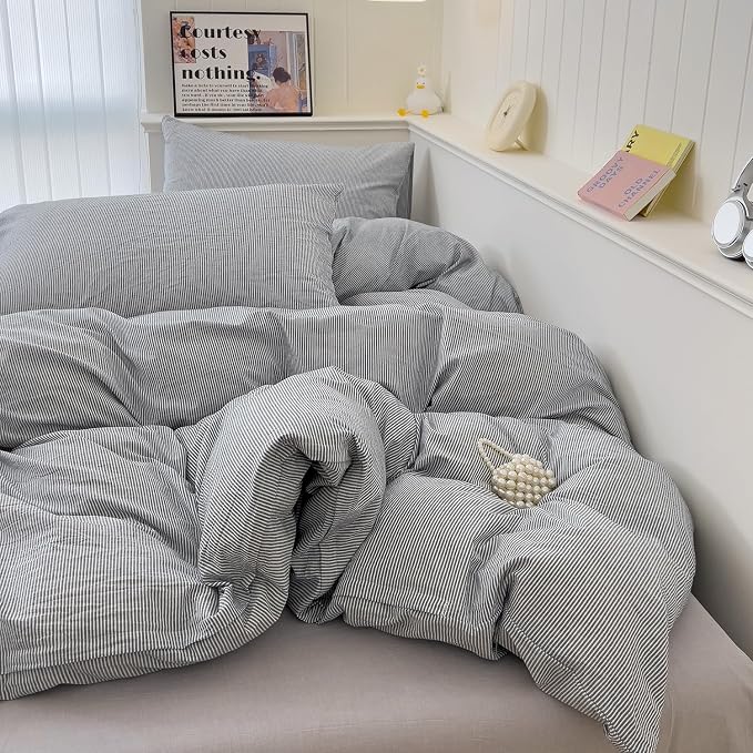 mixinni Grey Striped Duvet Cover Twin Size - Image 4