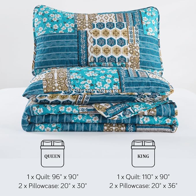 Mybedsoul Dusty Blue Quilt Set Queen Size, 3 Pieces Plaid Floral Bedspread Set - Image 7