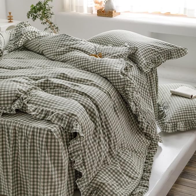 mixinni Green Gingham Ruffle Duvet Cover Queen Size 3 Pieces – 100% Washed - Image 5