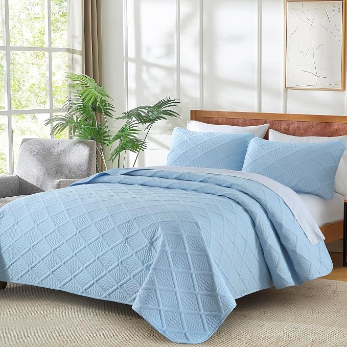 Yiran Ash Blue Quilt Set Queen Size, 3 Piece Reversible Bedspreads Bedding Set - Image 3