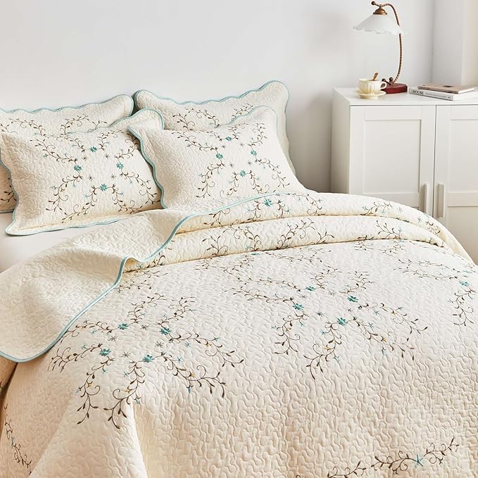 ROOMLIFE Quilt Set King Size 3D Floral Embroidery Pattern 3-Piece Cotton - Image 4