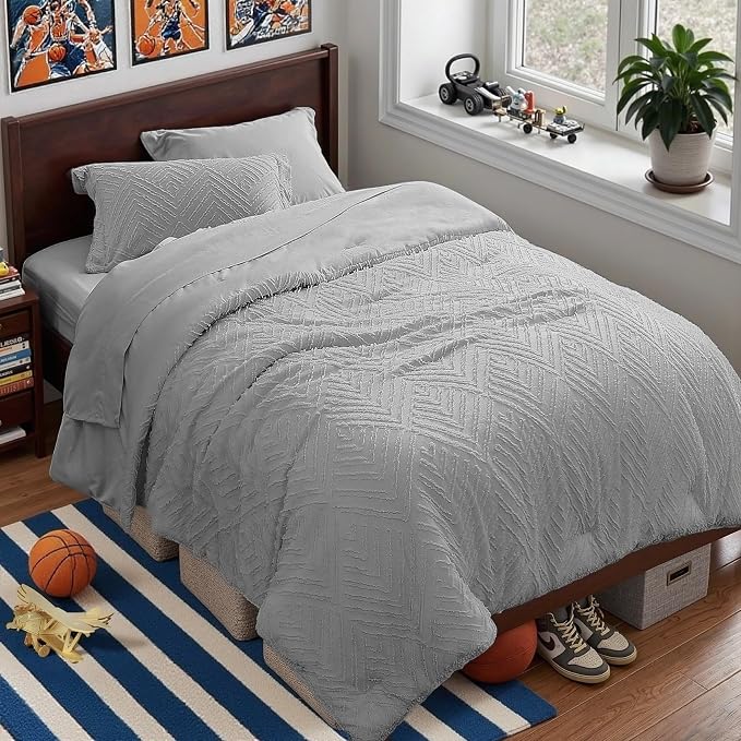 Zzlpp Twin Comforter Set 5 Pieces, Light Grey Tufted Bed in a Bag by ZZLPP