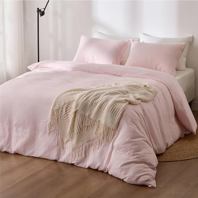 Pink Duvet Cover Queen Size, 100% Sandwashed Cotton Soft Queen Duvet Cover Set - Image 2