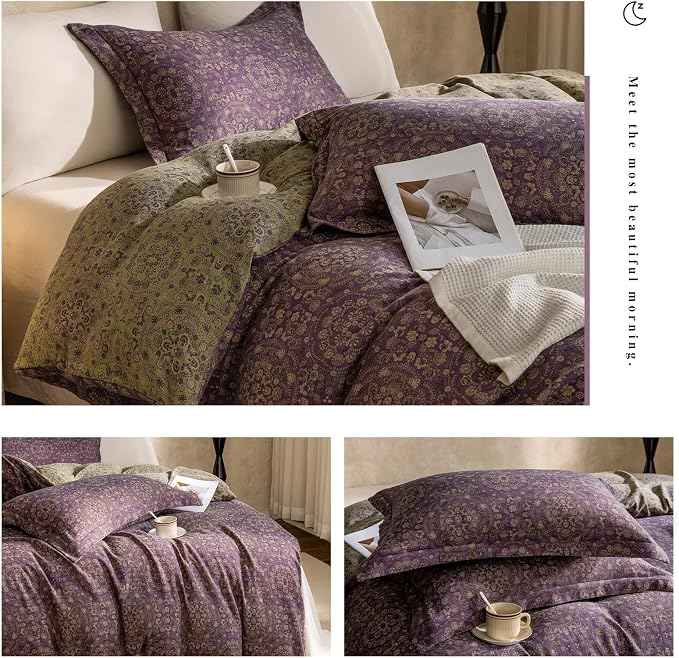 mixinni Purple Green Floral Duvet Cover King Size, Elegant Double-Layer Yarn - Image 7