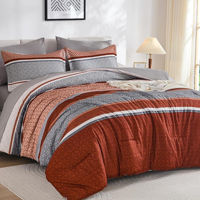WONGS BEDDING 7 Pieces Comforter Set King Size, Burnt Orange Bed in a Bag by WONGSBEDDING