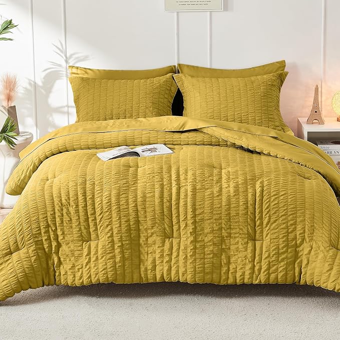 HYMOKEGE Mustard Yellow California King Comforter Set Seersucker 7 Pieces - Image 9