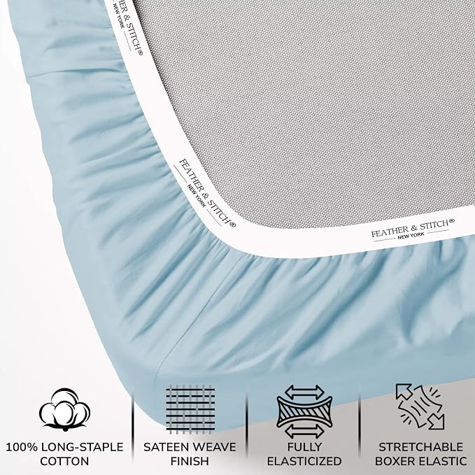 Feather & Stitch 1 Piece Fitted Sheet King Size, 100% Cotton Damask Sateen Weave - Image 2