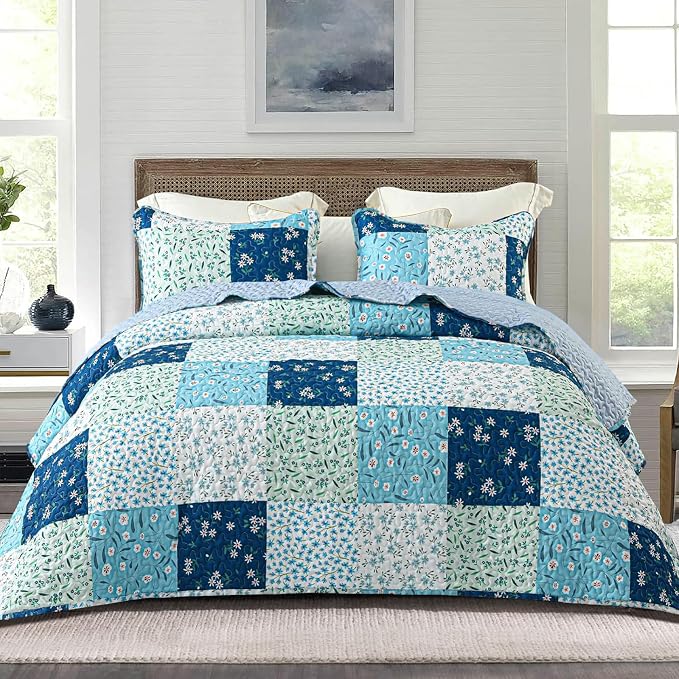Whale Flotilla Patchwork Quilts Queen Size, Extra Soft Boho Floral Bedspreads by WHALEFLOTILLA