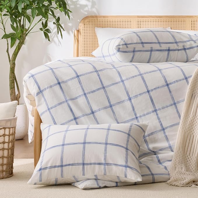 Blue Plaid Duvet Cover Queen Size, 100% Soft Washed Cotton Queen Duvet Cover - Image 9