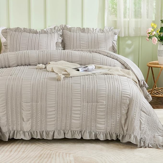 WONGS BEDDING Grey Textured Comforter Set Queen, 3 Pieces Ruffle Farmhouse - Image 4