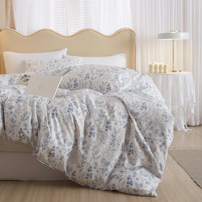 mixinni Blue Flower Duvet Cover Full Leaves Pattern 100% Cotton Full Size by mixinni