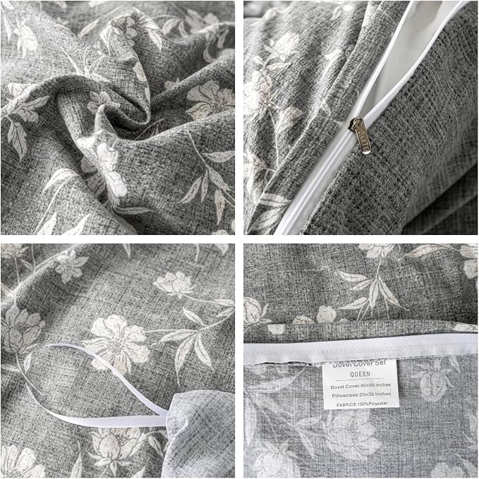 OAITE Grey Flower King Size Duvet Cover-3 Pieces Prewashed Cotton-Like - Image 4