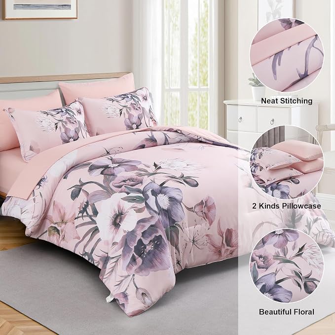 Luxudecor Floral Comforter Set Queen Size 7 Piece, Blush Pink Flower Bed in a - Image 6