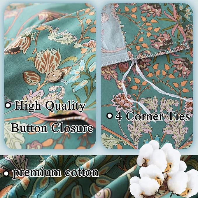 FADFAY Floral Duvet Cover Queen Button Closure 100% Cotton 600 TC Teal - Image 3