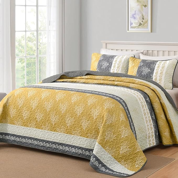 DJY Yellow Boho Quilt Set King Size, Striped Floral Yellow and Grey Bedspread by HOME