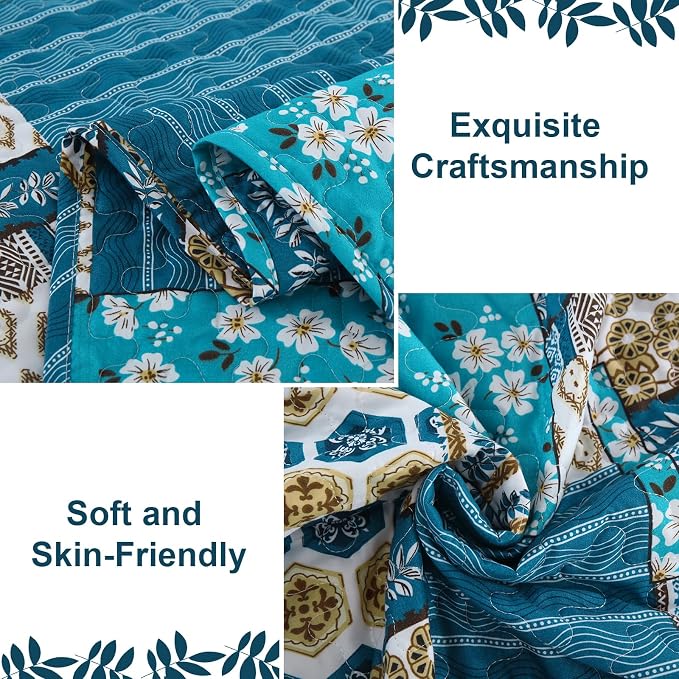 Mybedsoul Dusty Blue Quilt Set King Size, 3 Pieces Plaid Floral Bedspread Set - Image 4