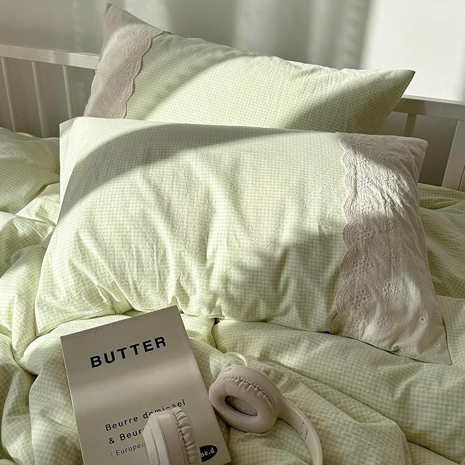 MKXI Mint Green Gingham Duvet Cover Set Queen - Image 4