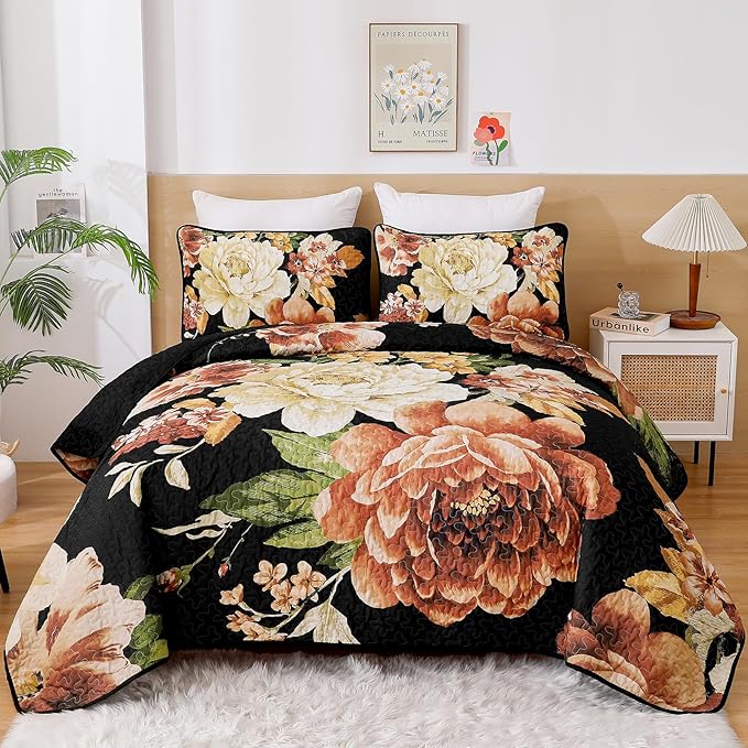 WONGS BEDDING Black Boho Floral Quilt Set King, 3 Pieces Elegant Gold Flower by WONGSBEDDING