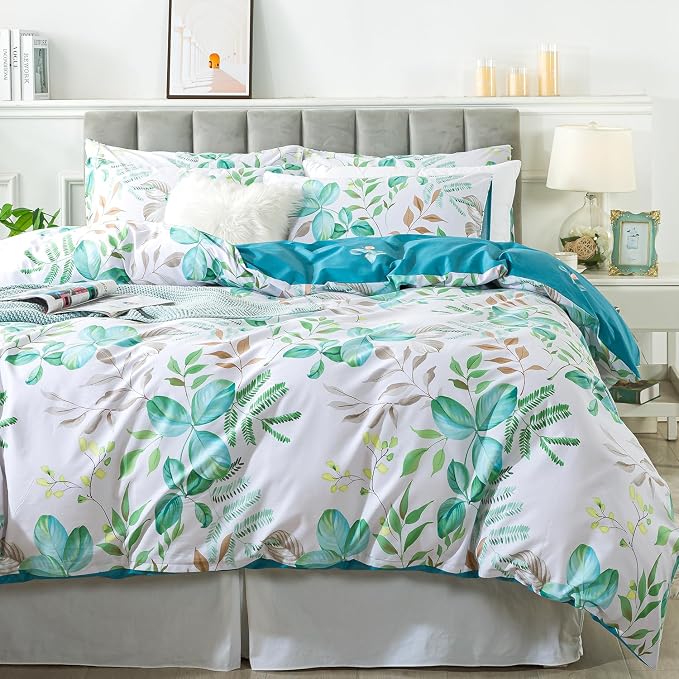 FADFAY Botanical Duvet Cover Sets Queen Size 100% Cotton Teal Green Leaves - Image 7