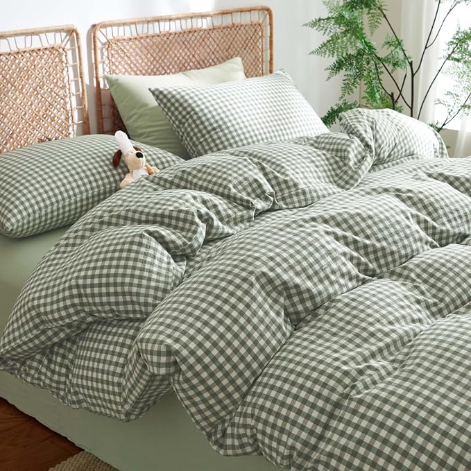 Nayoroom Gingham Duvet Cover Twin Size 100% Washed Cotton Green Plaid Checkered by Nayoroom