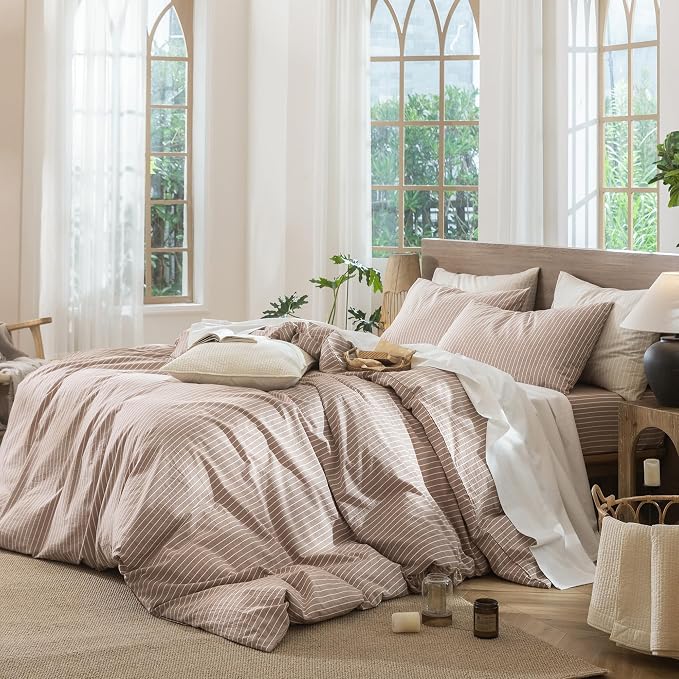 MooMee Striped Duvet Cover Set 100% Washed Cotton Linen Like Textured - Image 3