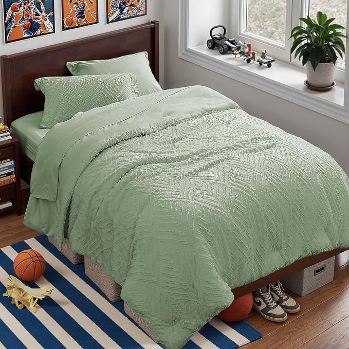Zzlpp Twin Comforter Set 5 Pieces, Sage Green Tufted Bed in a Bag by ZZLPP
