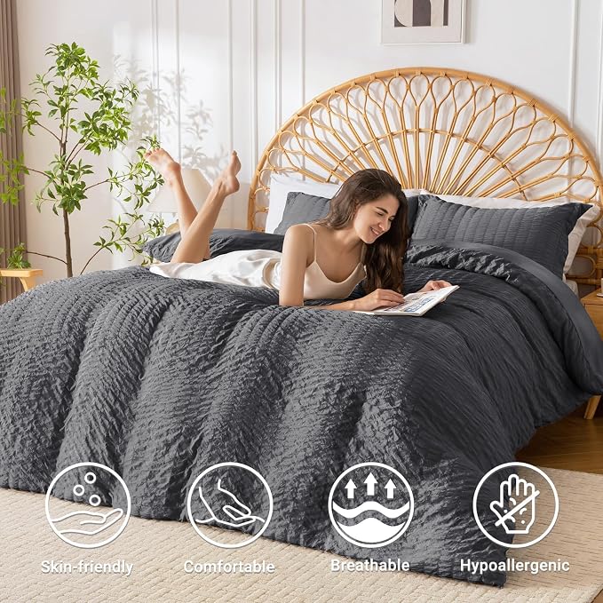 HYMOKEGE Dark Grey Twin Size Duvet Cover, Ultra Soft 2-Piece Seersucker Duvet - Image 2