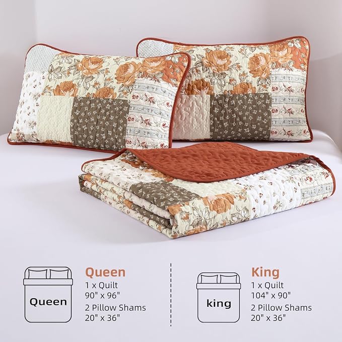 Patchwork Quilts Set Queen Size 3 Pieces Terracotta Plaid Bedspread Coverlet Set - Image 7
