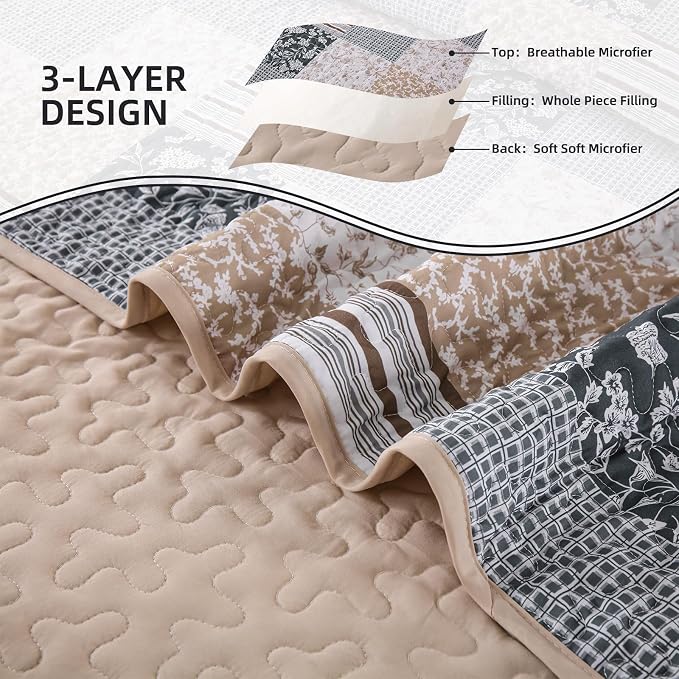 Mybedsoul Patchwork Quilt Set King Size, 3 Pieces Blue Brown Floral Plaid - Image 6