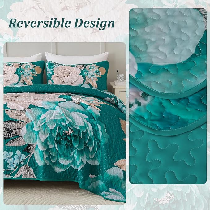 WONGS BEDDING Teal Boho Floral Quilt Set Queen, Elegant Flower Bedspread - Image 6
