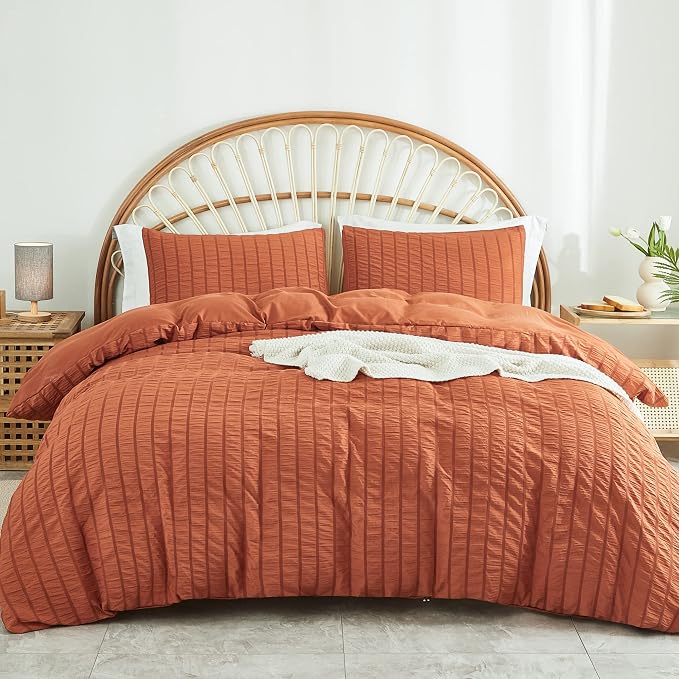 AveLom Terracotta Seersucker Duvet Cover Set King Size, 3 Pieces, Ultra Soft by AveLom