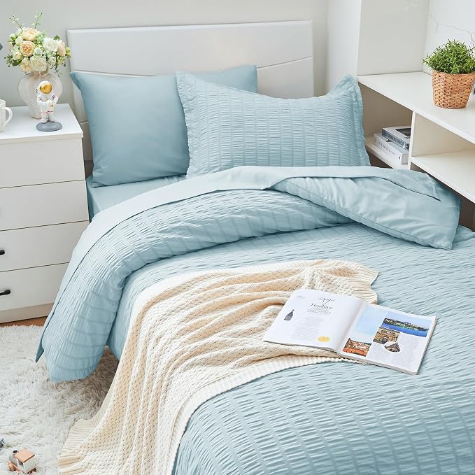 HYMOKEGE Lake Blue Twin XL Comforter Set Seersucker 5 Pieces, All Season Luxury - Image 2