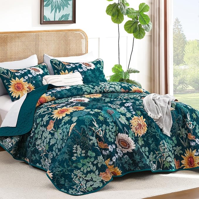 Yiran Peacock Green Quilts Queen Size, Floral Bedspreads Bedding Set, 3 Pieces - Image 7