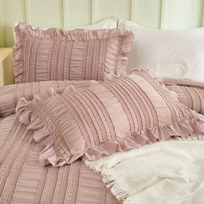 WONGS BEDDING Pink Comforter Set Queen, 3 Pieces Ruffle Farmhouse Shabby Chic - Image 5