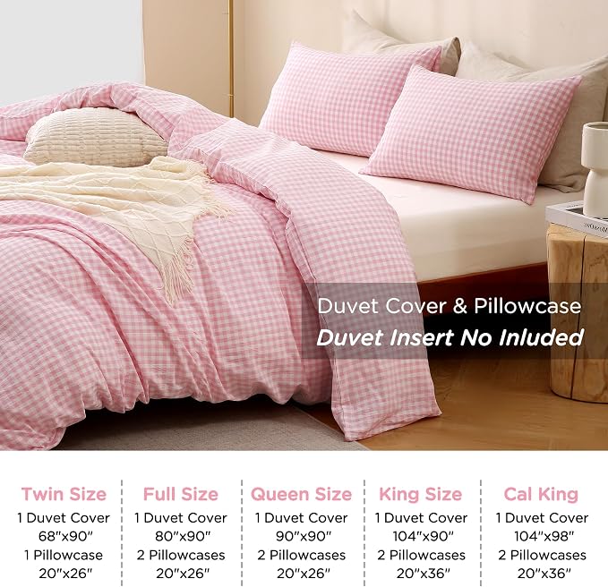 TOCOMOA Pink Gingham Duvet Cover Bedding Set 100% Washed Cotton Like Linen Feel - Image 8