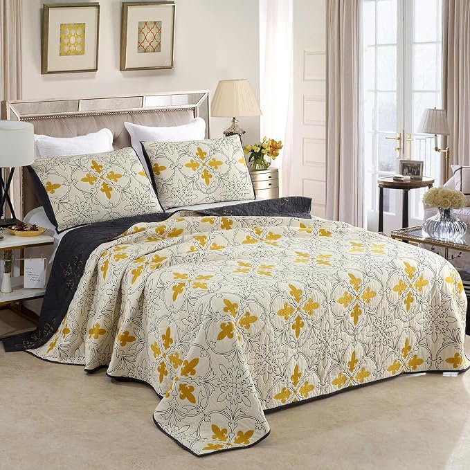 ROOMLIFE Quilt Set King Size 3D Floral Iris Embroidery Pattern 3-Piece Cotton by ROOMLIFE