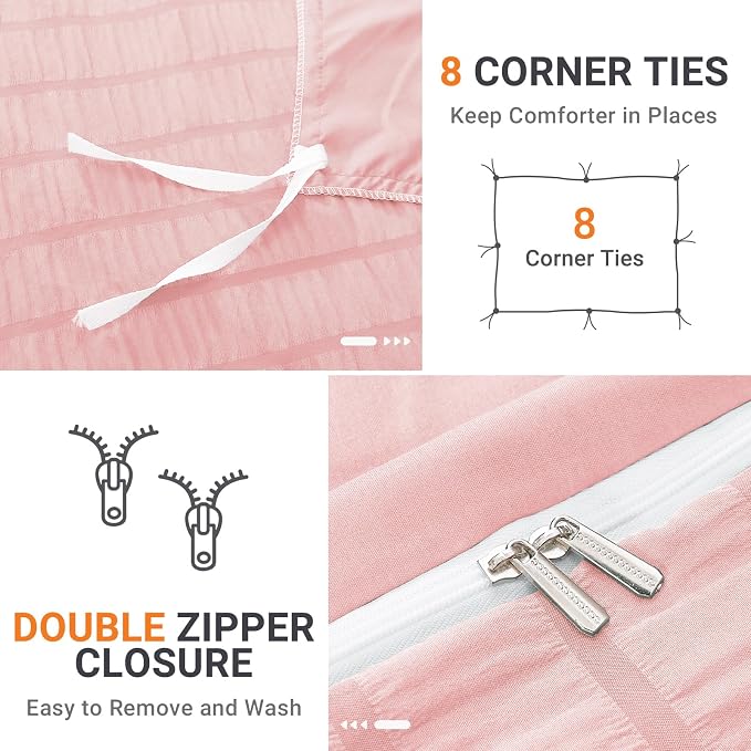 HYMOKEGE Pink Duvet Cover Full Size, Ultra Soft 3-Piece Seersucker Duvet Cover - Image 4