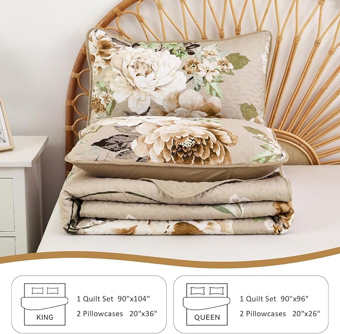 WONGS BEDDING Floral Quilt Set Khaki King, 3 Pieces Botanical Quilted Printed - Image 7