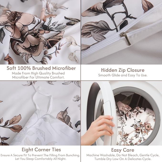 LONAVA King Floral 3 Pcs Duvet Cover Set, Breathable Soft Microfiber Light Grey - Image 7