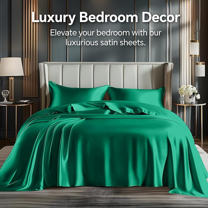BEDELITE Satin Sheets Twin XL Size Bed Set, Luxury Soft Dark Green Sheets - Image 2