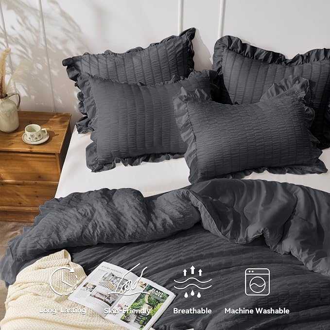 JOLLYVOGUE Dark Gray Queen Comforter Set, 3 Pieces Seersucker Bedding Comforter - Image 3
