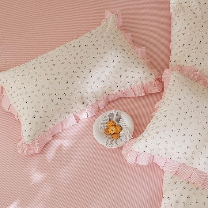 mixinni Pink Floral Duvet Cover Set Twin XL Size – 100% Cotton Ruffle Lace - Image 5