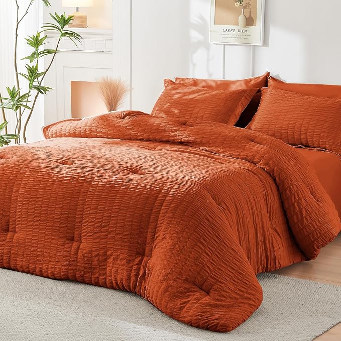 HYMOKEGE Burnt Orange Twin Comforter Set Seersucker 5 Pieces, All Season Luxury - Image 7
