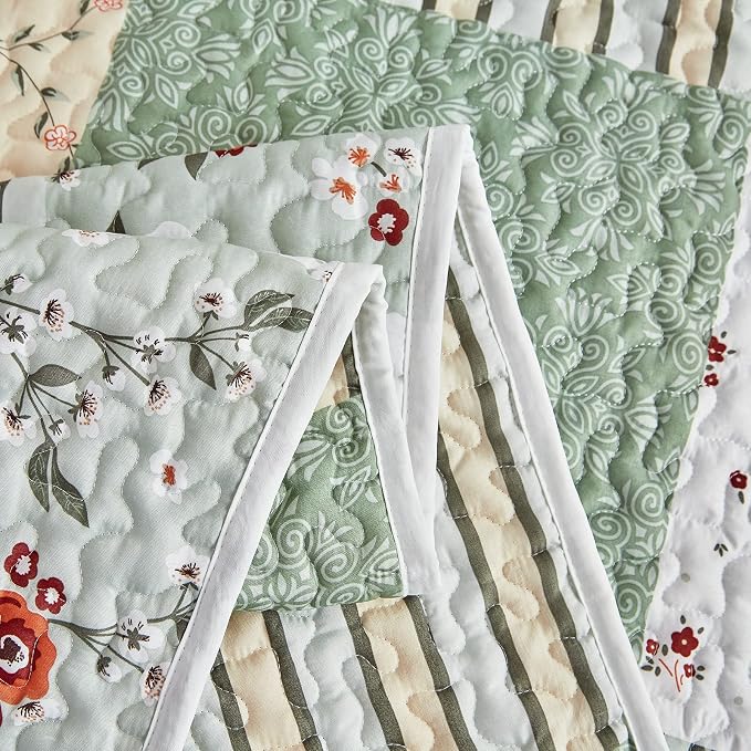 Patchwork Quilt Set Full/Queen Size, 3 Pieces Green Floral Plaid Summer - Image 7