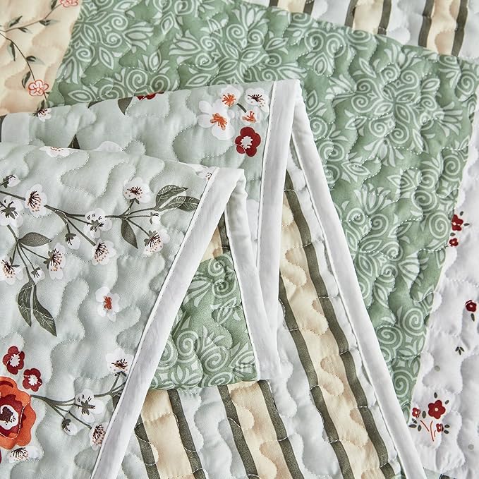 Patchwork Quilt Set King Size, 3 Pieces Green Floral Plaid Summer Bedspread - Image 7